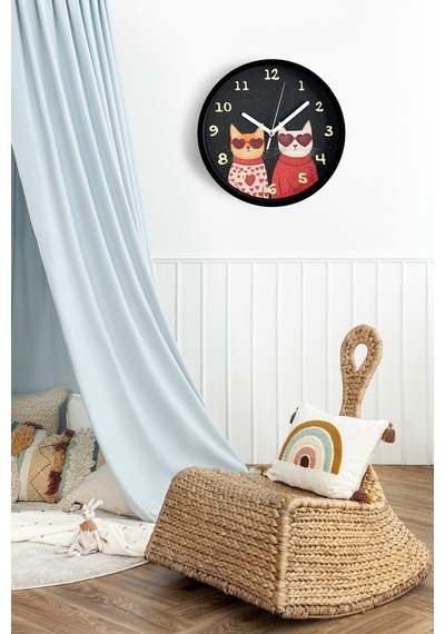 Kediler Modern Duvar Saati - 25cm - Önü Camlı Siyah Kasa - Sessiz Mekanizma-jh1114 Siyah