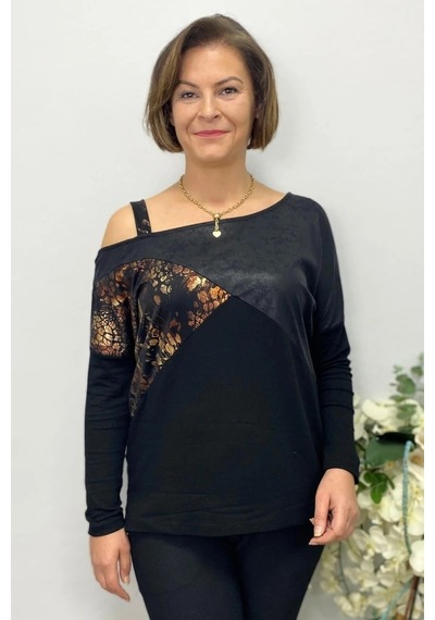 Mia Butik Büyük Beden Kahve Tek Omuz Leopar Detaylı Bluz Kahve