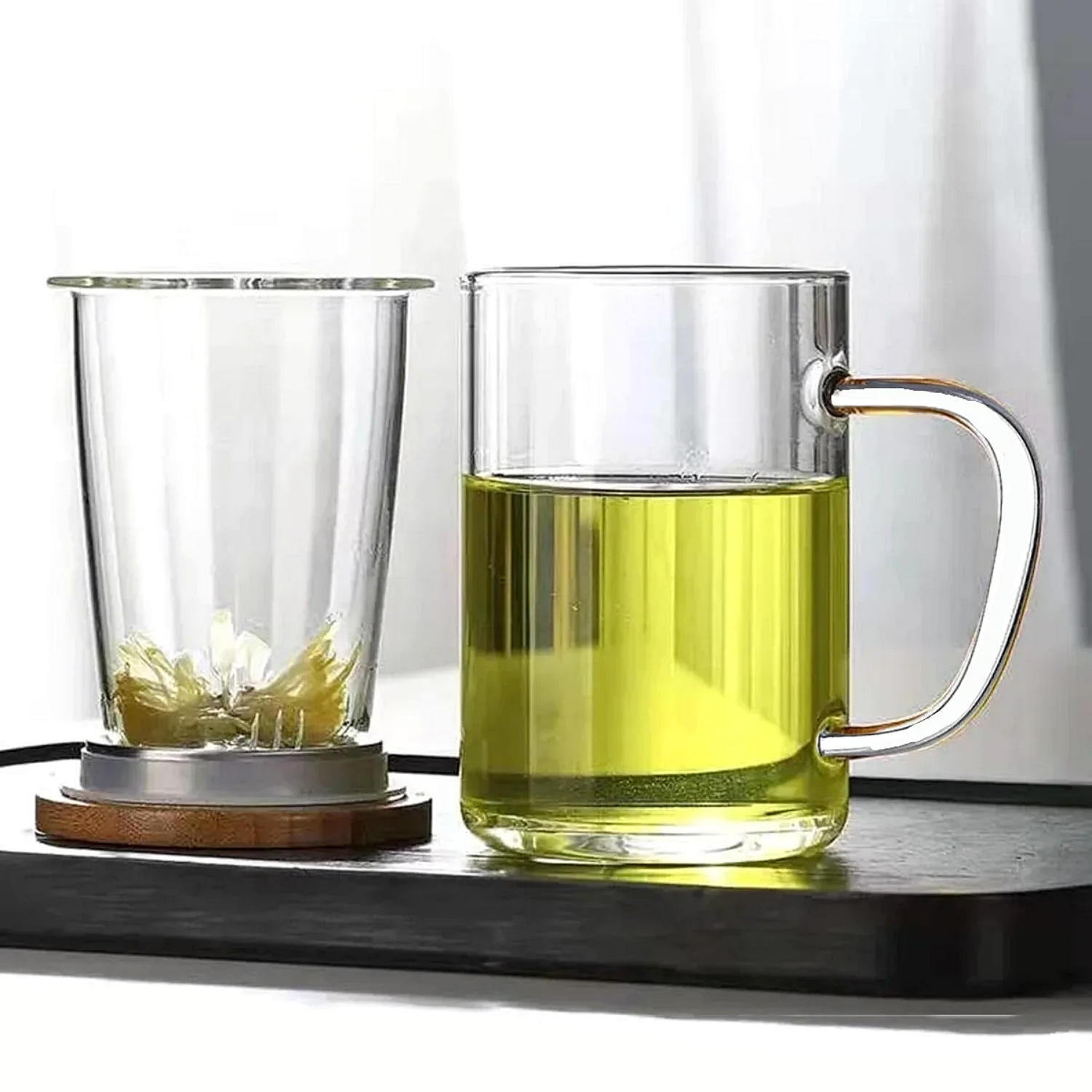 2 Li Cam Süzgeçli Bambu Kapaklı Borosilikat Kupa 400 Ml Kulplu Bitki Çayı Demleme Ve Sunum Bardağı Şeffaf