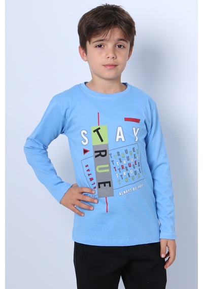 Hçm Erkek Çocuk Uzun Kollu Tshirt Stay True Baskılı Bisiklet Yaka E29 Mavi