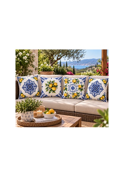 Limon Desenli Mavi Beyaz 3d Dijital Baskılı Dekoratif 43x43 Cm 4 Lü Kırlent Kılıfı Seti Yastık Kılıfı Sarı Sarı