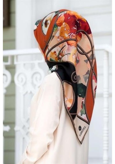 Vissona Tivil İpek Eşarp 17561 - 0014 - 0001 Taba Siyah Batik Desen Siyah
