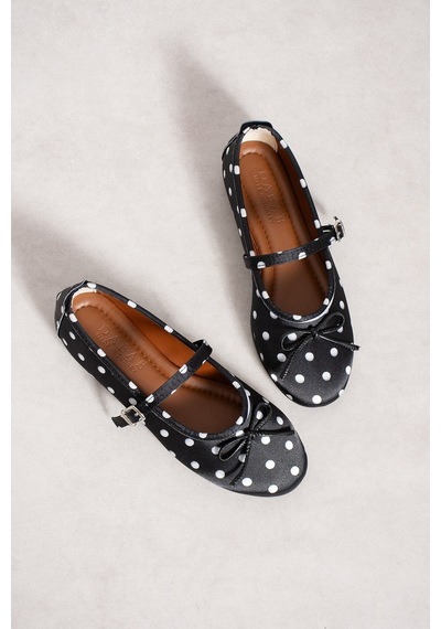 Dabab Shoes Penelop Kadın Siyah Saten Puantiyeli Fiyonk Detaylı Ayarlanabilir Tokalı Ortopedik Taban Mary Jane Babet Ayakkabı