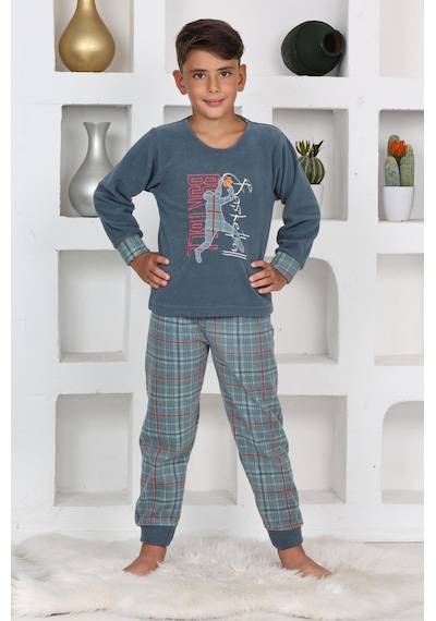 Yeni Sezon Sonbahar/kış Erkek Çocuk Basketball Desenli Polar Pijama Takımı 4530-petrol Mavisi Petrol Mavi