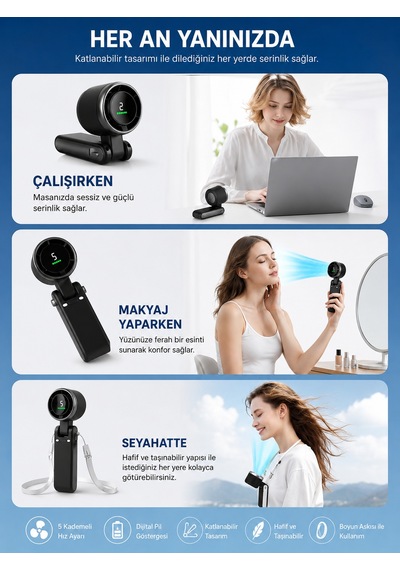 Dijital Göstergeli Katlanabilir Şarjlı El Fanı Siyah 12000 Rpm 5 Kademeli Usb-c Taşınabilir Mini Vantilatör Boyun Askılı Masaüstü Fan