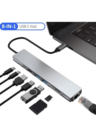 Taplın 8 In 1 Type C To Hdtv Çok Portlu Hub 4k Hdmı Pd Rj45 Usb 3.0 Sd Tf Çevirici Adaptör