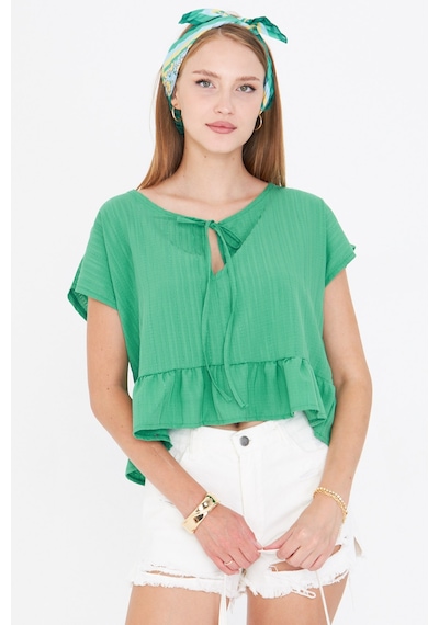 Armonika Kadın Çimen Yeşil Yarasa Kol Yakası Bağlamalı Eteği Fırfırlı Oversize Crop Bluz Arm-24y001088 Çimen Yeşili