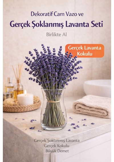 Gerçek Şoklanmış Lavanta Ve Cam Vazo Seti Gerçek Kokulu Dekoratif Lavanta Demeti