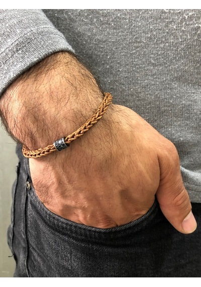 Moda Kulesi Deri İp Örme Özel Tasarım Gümüş Erkek Bileklik