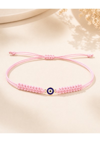 14 Ayar Altın Nazar Boncuklu El Örgüsü Pembe İp Bileklik 0,30 Gr Altın Altın - Pembe
