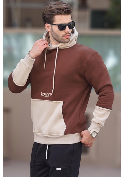 Madmext Acı Kahverengi Kapüşonlu Baskılı Cep Detaylı Erkek Sweatshirt 7083 Acı Kahverengi