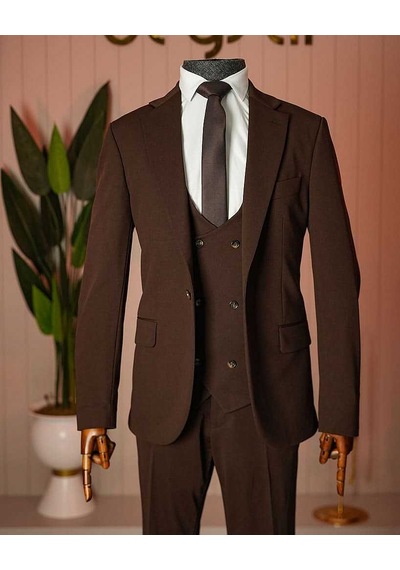 Bys Beystil Kahverengi Mono Yaka Takım Elbise Nikol - Slim Fit Kahve