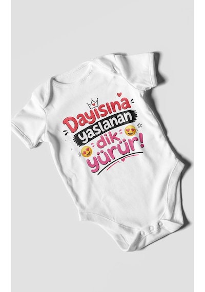 Morivokids Dayısına Yaslanan Dik Yürür Kısa Kollu Bebek Body %100 Pamuk Zbn255-kk Beyaz