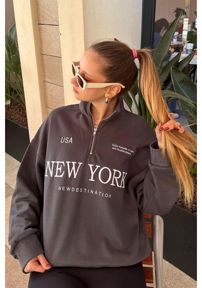 Madmext Füme Yarım Fermuarlı Baskılı Sweatshirt Mg2240 Füme