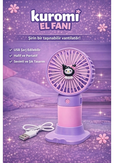 Jasper Mor-pembe Kuromi Figürlü Taşınabilir Standlı Serinletici Fan 3 Hız Ayarlı , Typ-c Şarjlı Fan Masaüstü Fan Vantila