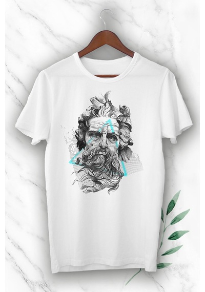 Flood Of Style Mitoloji Heykel Poseidon Baskılı Beyaz Unısex Tişört
