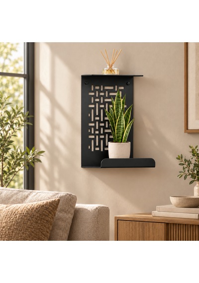 Geometrik Metal Duvar Rafı, Bitkiler Ve Küçük Dekorlar İçin İki Katlı Sergileme Rafı Siyah