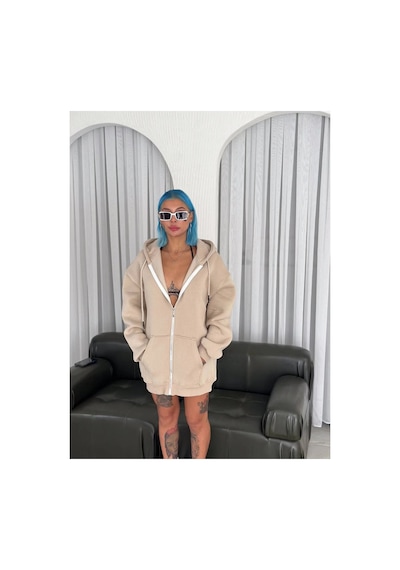Kadın 3 İplik Pamuklu Kapüşonlu Kanguru Cepli Baskılı Oversize Hoodie Sweatshirt - Bej