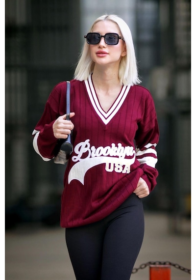 Madmext Bordo V Yaka Nakışlı Kadın Kazak Mg1279-bordo Bordo