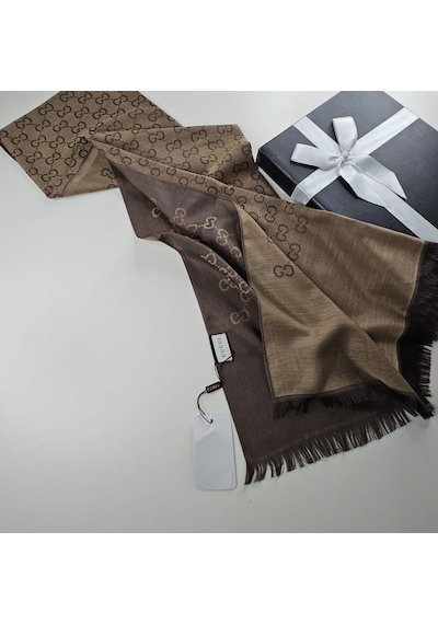 Miorel Scarfs İnce Kumaş G Desen Pamuklu Şal Yün İpek Şal 4 Mevsim Çift Taraflı Açık Kahve
