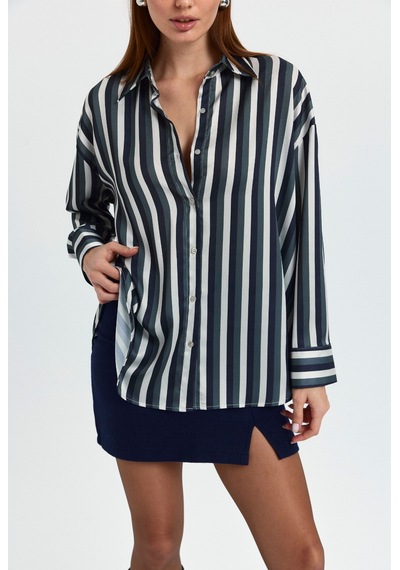 Pera Moda Kadın Salaş Oversize Desenli Saten Gömlek Haki