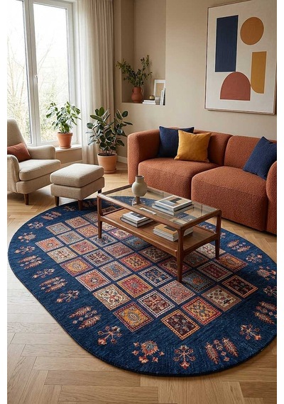 Frenda Home Binbirgece Pamuk Taban Yıkanabilir Dijital Baskılı Oval Halı Lacivert