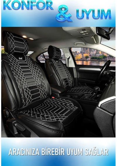 Fiat Uno Uyumlu Lüks Deri Oto Koltuk Kılıfı Ön Arka Takım Set Siyah Beyaz Royal Model Fs