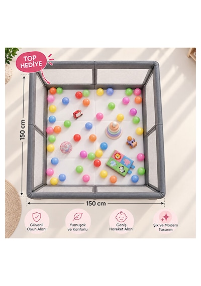 Avocado Güvenli Çocuk Ve Bebek Oyun Alanı 150x150 Oyun Pedi Topları Oyun Parkı