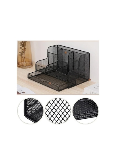 Temel Siyah Metal Mesh Masaüstü Organizer Çekmeceli Çok Bölmeli 25x17x16 Cm 9527b