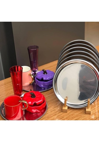 Tr 6 Adet Lüx Gümüş Paslanmaz Çelik Yuvarlak Çay,kahve,pasta Servis Tepsisi Sunum Tepsisi 21.5 Cm Genel