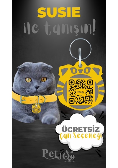 Petjoo 3.Susie Gri-Sarı Qr'lı Kedi Künyesi