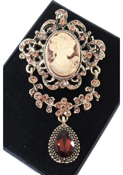 Kameo Vintage Broş, Garnet Kristal Taşlı Sallantılı Eskitme Bronz Renkli Kadın Yaka İğnesi Çok renkli
