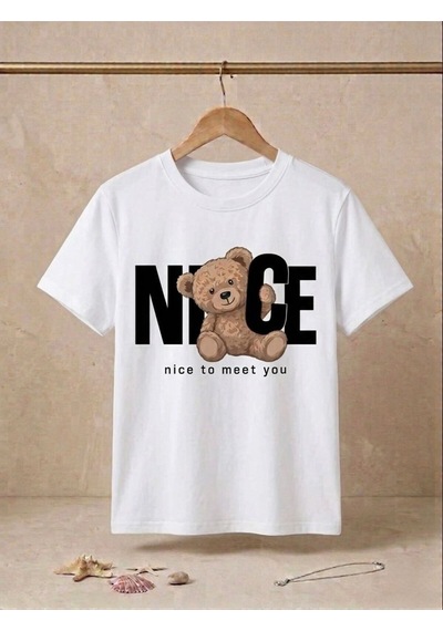Ayıcık Figürlü Nice To Meet You Yazılı Oversize T-shirt Beyaz