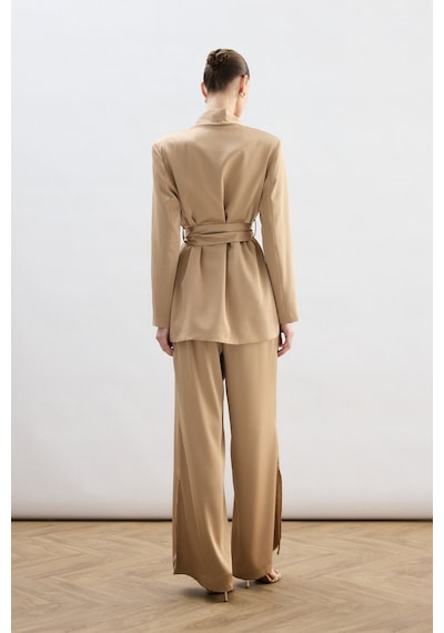 Sateen Kuşaklı Saten Ceket - Camel-137008 CAMEL