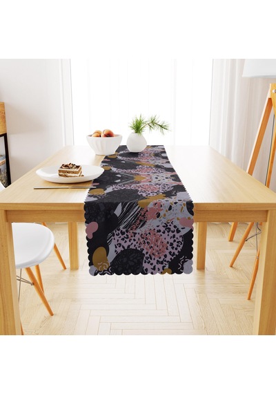 Sulu Boya Desenli Siyah Pembe Dijital Baskılı Petek Dokuma Runner 40x140