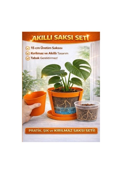 2'li Saksı Seti 15 Pot Üretim Saksısı + 1.8 L Turuncu Kırılmaz Dekoratif Dış Saksı