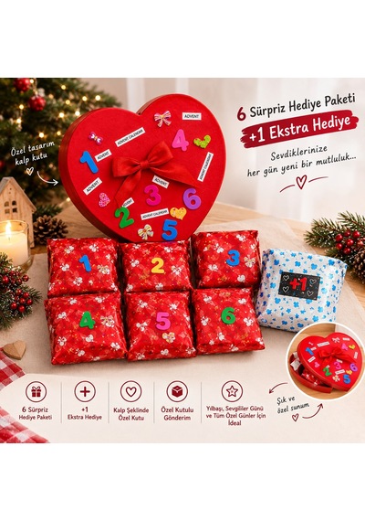 Advent Calendar Yılbaşı Hediye Kutusu - Sevgiliye Özel Kalp Kutulu Bijuteri & Sürpriz Hediye Seti 6+1 Sürpriz Paketi