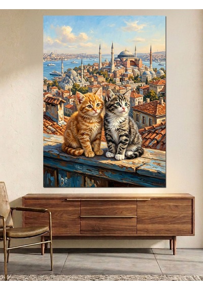 Çatıda İstanbul Manzaralı İki Kedi Dekoratif Kanvas - Mdf Ahşap Tablo Çok Renkli