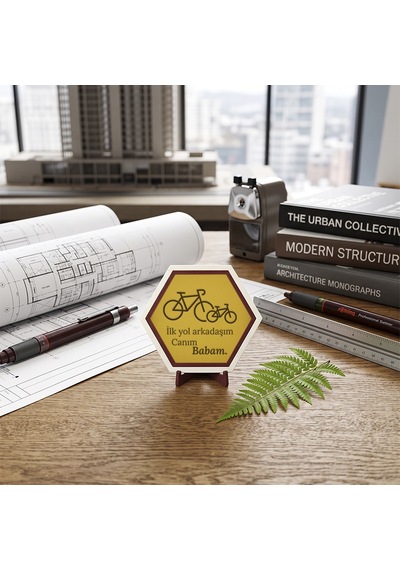 Canım Babam Yazılı Bisiklet Desenli İlk Yol Arkadaşım Modern Masaüstü Dekoratif Aksesuar 10x10 Cm, Sarı