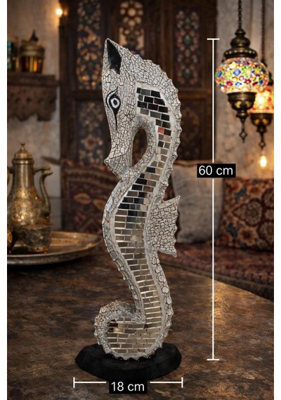 60 Cm Ahşap Mozaik Aynalı Denizatı Biblo Büyük Boy Otantik Ev Dekorasyon Salon Objesi