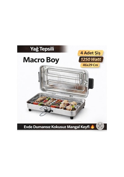 Taner Macro Boy Elektrikli Izgara 46 x 29 CM 1250 W Büyük Boy + 4 Adet Şiş