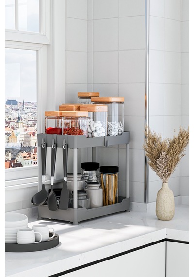 2 Adet Gri 2 Katlı Düzenleyici Mutfak Ve Banyo Rafı