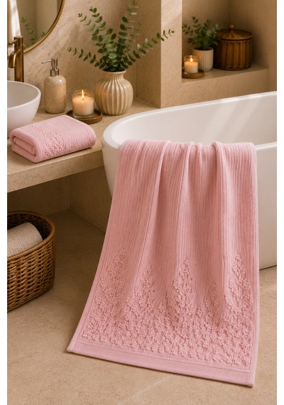 Çiçek Desenli 2 Li Banyo Havlu Seti 50 90 Baş Havlusu + 90 150 Banyo Havlusu - Pembe