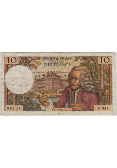 Fransa 10 Frank 1967 Voltaire Temalı. İğne Delikleri Var Çok Temiz -