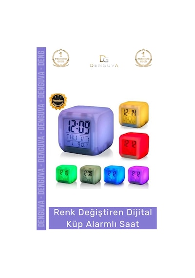 Çalarsaat Renk Değiştiren Dijital Termometreli Işıklı Dekoratif Gece Alarmlı Küp Masa Çalar Saat Çok Renkli