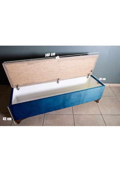 Vetra V2  Mavi Sandıklı Puf - Dilimli Model 140cm Ceviz Ayaklı Sandıklı Puf Koltuk