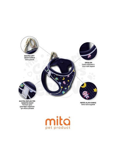 Mita Air Mesh Kedi Köpek Göğüs Tasması Çift Reflektörlü, Terletmeyen Space Çok Renkli