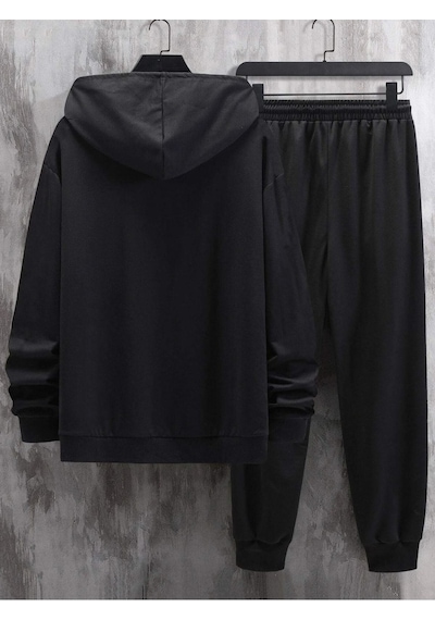 Vip Eşofman Takımı Sweatshirt Jogger - Siyah Baskılı Oversize Şardonlu Kapüşonlu Siyah