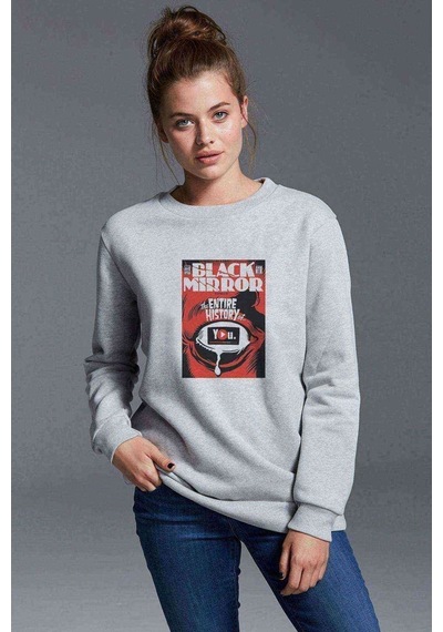 Black Mirror Red Baskılı Gri Kadın Sweatshirt