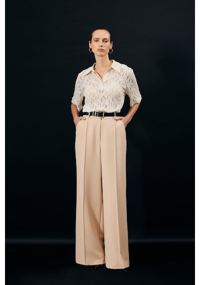 Sateen Kemer Detaylı Pantolon - Bej-137346